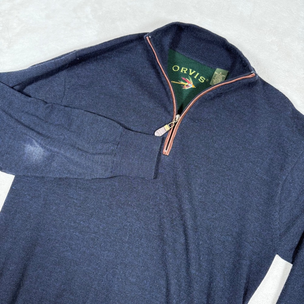 ORVIS Men Navy Blue 1/4 Zip Sweater Pullover Wool‎ Blend Embroidered Medium
